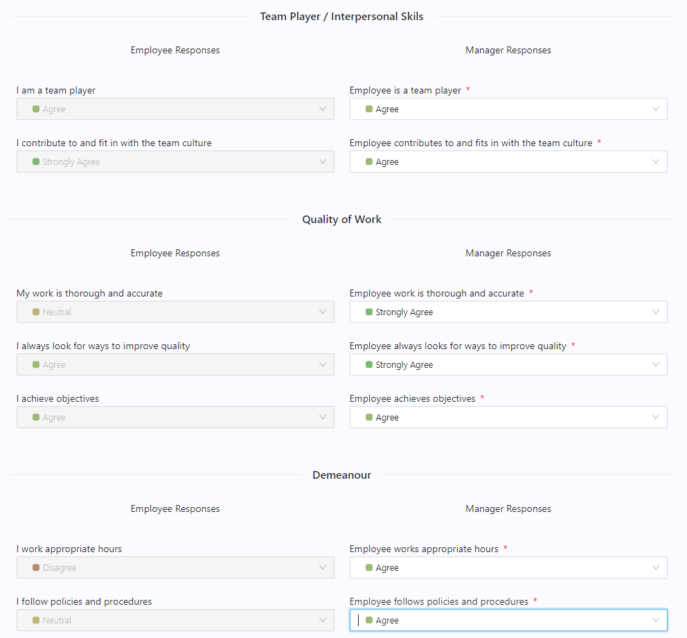 A screenshot of the probation review manager assessment form